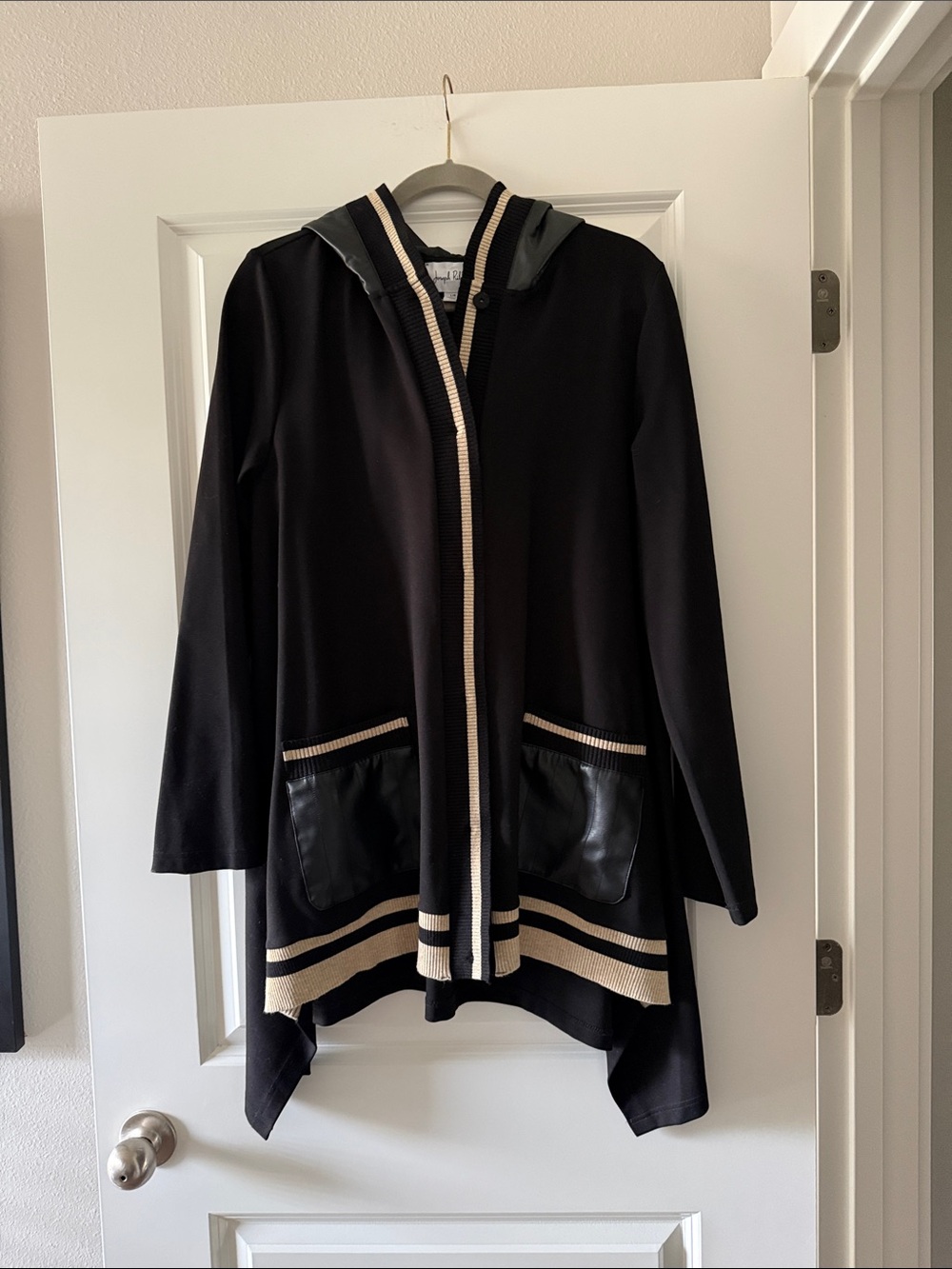 Joseph Ribkoff Black Hooded Jacket with Cream Trim